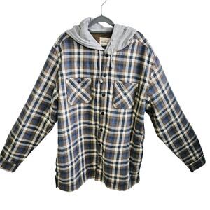 Weatherproof Vintage XL Hooded Flannel Jacket Blue Plaid Fleece Lined Chore Coat